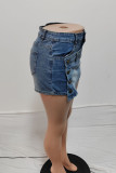 Street Solid Patchwork Pocket Buckle Zipper Mid Waist Regular Denim Shorts