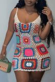 Sweet Hollowed Out Patchwork Weave Spaghetti Strap Sling Dresses