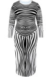 Elegant Striped Patchwork O Neck Printed Plus Size Dresses