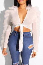 Sexy Solid Bandage Patchwork See-through Mesh Stringy Selvedge V Neck Tops