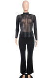 Celebrities Hollowed Out Patchwork See-through Hot Drill Half A Turtleneck Long Sleeve Two Pieces