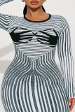 Celebrities Print Patchwork Slit Zipper O Neck Wrapped Skirt Plus Size Dresses