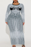 Celebrities Print Patchwork Slit Zipper O Neck Wrapped Skirt Plus Size Dresses