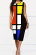 Elegant Color Block Patchwork Zipper O Neck Wrapped Skirt Dresses