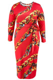Casual Print Bandage Patchwork O Neck One Step Skirt Plus Size Dresses