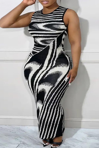 Casual Print Patchwork O Neck Wrapped Skirt Plus Size Dresses