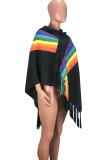Elegant Color Block Tassel Patchwork Hooded Collar Outerwear