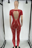 Sexy Solid Lace Hollowed Out Patchwork See-through U Neck Skinny Jumpsuits
