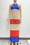 Casual Color Block Hollowed Out Patchwork Slit O Neck Long Dresses