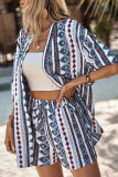 Casual Print Bandage Patchwork Cardigan Collar Half Sleeve Two Pieces