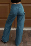 Sexy Solid Patchwork Pocket Buttons Zipper Mid Waist Straight Denim Jeans