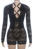 Celebrities Solid Lace Hollowed Out Patchwork Asymmetrical Collar Long Sleeve Two Pieces