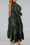 Vintage Solid Patchwork Fold Zipper O Neck Cake Skirt Plus Size Dresses