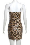 Sexy Leopard Patchwork Backless Spaghetti Strap Sling Dresses