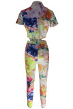 Casual Mixed Printing Patchwork Buckle Turndown Collar Short Sleeve Two Pieces