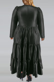Vintage Solid Patchwork Fold Zipper O Neck Cake Skirt Plus Size Dresses
