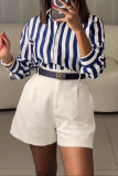 Casual Striped Patchwork Buckle Shirt Collar Tops