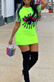 Street Eyes Printed Sequins Patchwork O Neck Wrapped Skirt Dresses