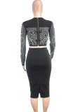 Elegant Patchwork Slit Beading Hot Drill Zipper Square Collar Long Sleeve Two Pieces
