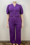 Casual Solid Patchwork Pocket Buckle V Neck Plus Size Two Pieces