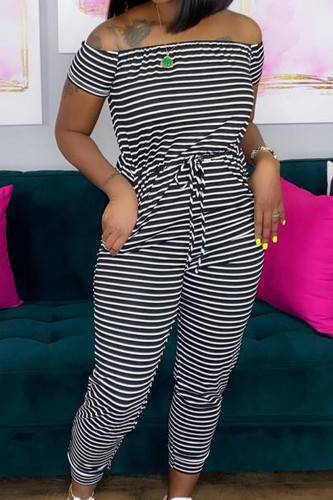 Casual Striped Patchwork Draw String Off the Shoulder Regular Jumpsuits