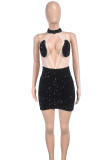 Celebrities Solid Hollowed Out Sequins Patchwork See-through Mesh O Neck Wrapped Skirt Dresses