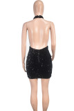 Celebrities Solid Hollowed Out Sequins Patchwork See-through Mesh O Neck Wrapped Skirt Dresses