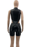 Sexy Solid Hollowed Out Patchwork Zipper Zipper Collar Skinny Rompers