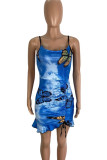 Casual Print Patchwork Draw String Backless Spaghetti Strap Sling Dresses