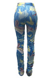 Casual Print Patchwork Draw String Fold Skinny High Waist Pencil Full Print Bottoms