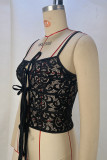 Street Solid Lace Bandage Patchwork See-through Spaghetti Strap Tops
