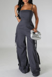 Street Solid Patchwork Pocket Spaghetti Strap Loose Jumpsuits