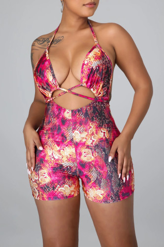 Sexy Print Bandage Patchwork Backless Halter Skinny Rompers