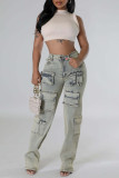 Casual Solid Patchwork Pocket Buttons Zipper Mid Waist Straight Denim Jeans