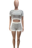 Casual Striped Patchwork O Neck Short Sleeve Two Pieces