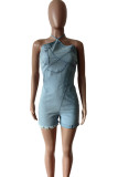 Solid Bandage Patchwork Backless Halter Skinny Rompers