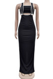 Elegant Patchwork Buttons Backless Slit Contrast Square Collar Sleeveless Two Pieces