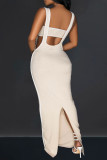 Elegant Patchwork Buttons Backless Slit Contrast Square Collar Sleeveless Two Pieces
