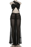 Sexy Solid Hollowed Out Patchwork See-through Mesh Asymmetrical Collar Long Dresses