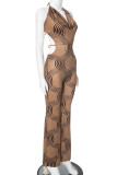 Street Print Bandage Patchwork Backless Halter Regular Jumpsuits