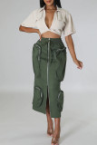Sweet Solid Patchwork Draw String Pocket Zipper Straight Mid Waist Straight Patchwork Bottoms