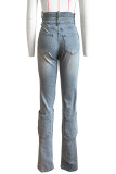 Street Solid Patchwork Pocket Buttons Zipper High Waist Regular Denim Jeans