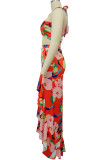 Sexy Print Patchwork High Opening Halter Sleeveless Two Pieces