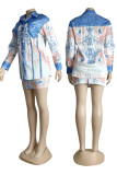 Elegant Print Patchwork Buckle Turndown Collar Long Sleeve Two Pieces