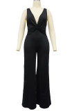 Sexy Solid Patchwork Fold V Neck Loose Jumpsuits