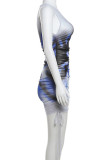 Street Print Bandage Patchwork Fold O Neck Wrapped Skirt Dresses