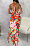 Sexy Print Patchwork High Opening Halter Sleeveless Two Pieces