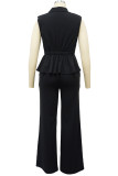 Street Solid Patchwork Buttons Turn-back Collar Sleeveless Two Pieces