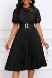 Elegant Solid Hollowed Out Patchwork With Belt Pleated O Neck A Line Dresses