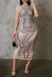 Casual Print Bandage Hollowed Out Patchwork Backless O Neck Long Dresses